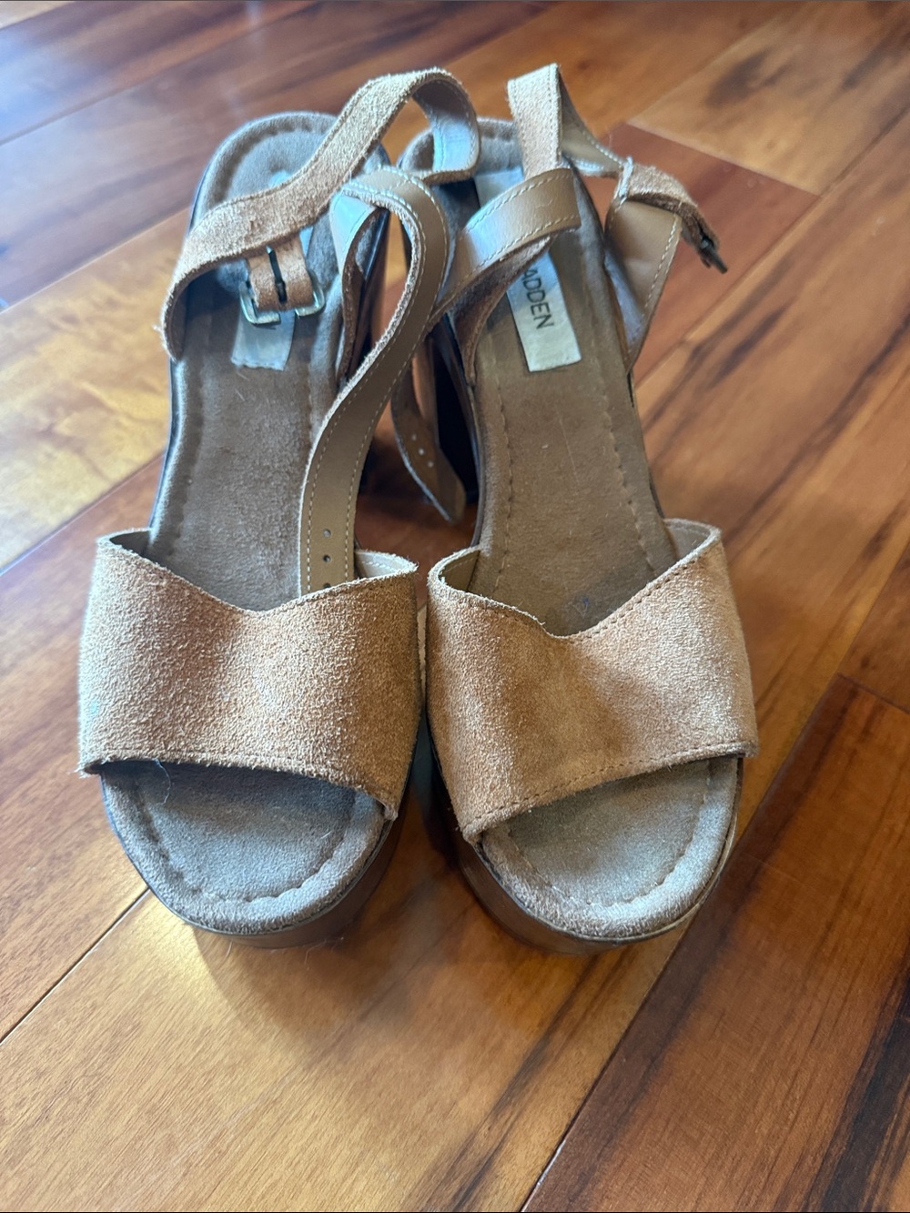Steve Madden Tan Suede Wedge Sandals with Ankle Strap - Picture 1 of 4